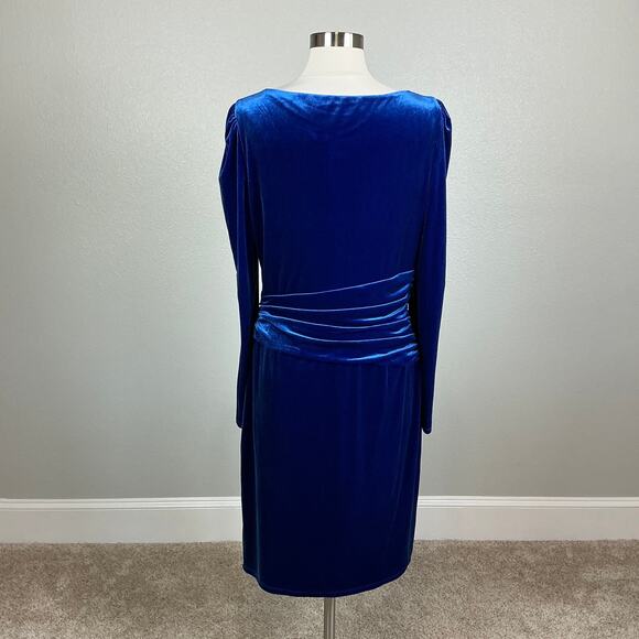 Velvet Long Sleeve Cocktail Dress Blue Size 10 Ralph Lauren Side Slit Sheath - Picture 6 of 14